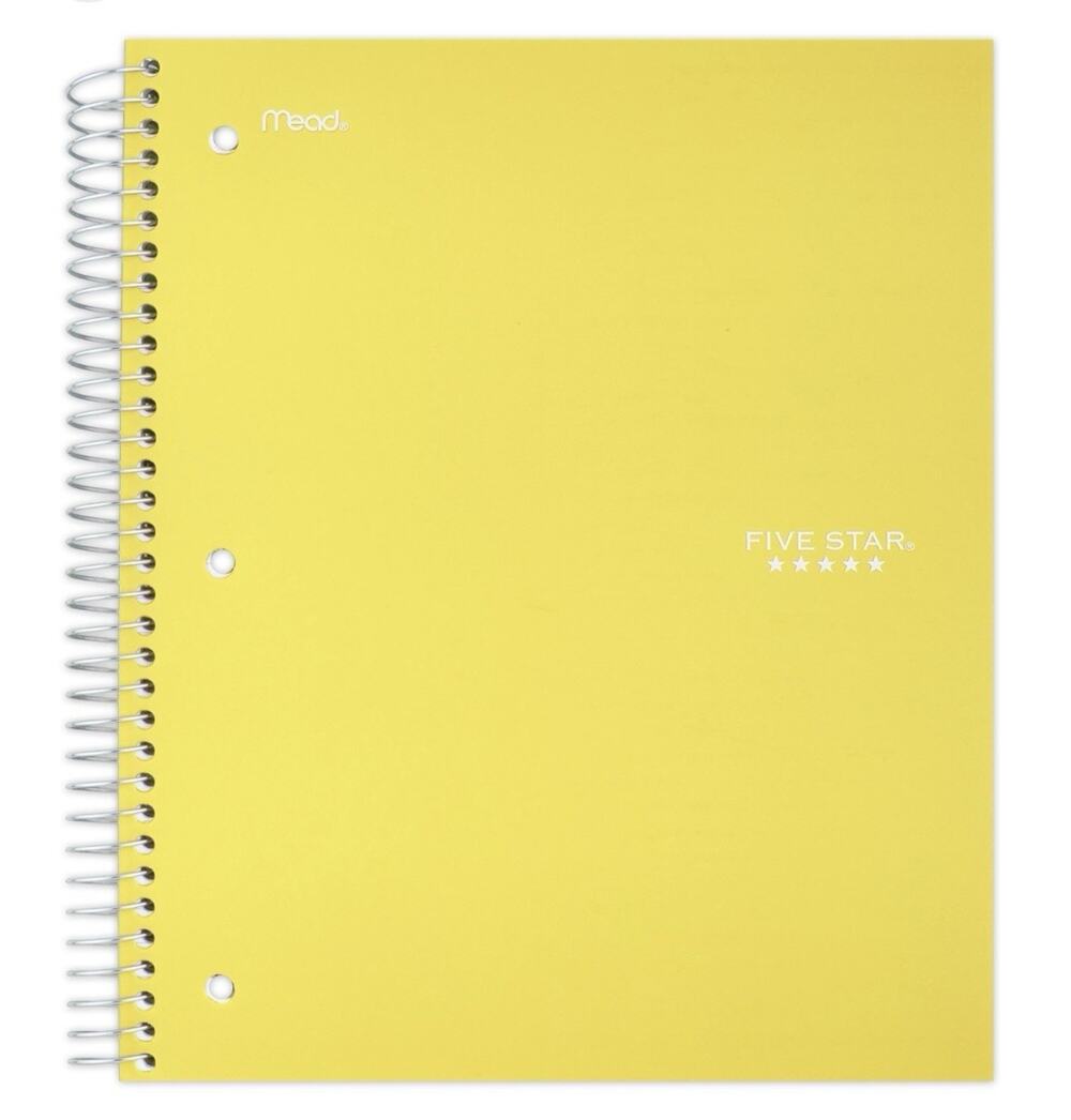 Five Star 1 Subject Notebook Wide Ruled 100 Sheets Yellow Spiral 10.5x8